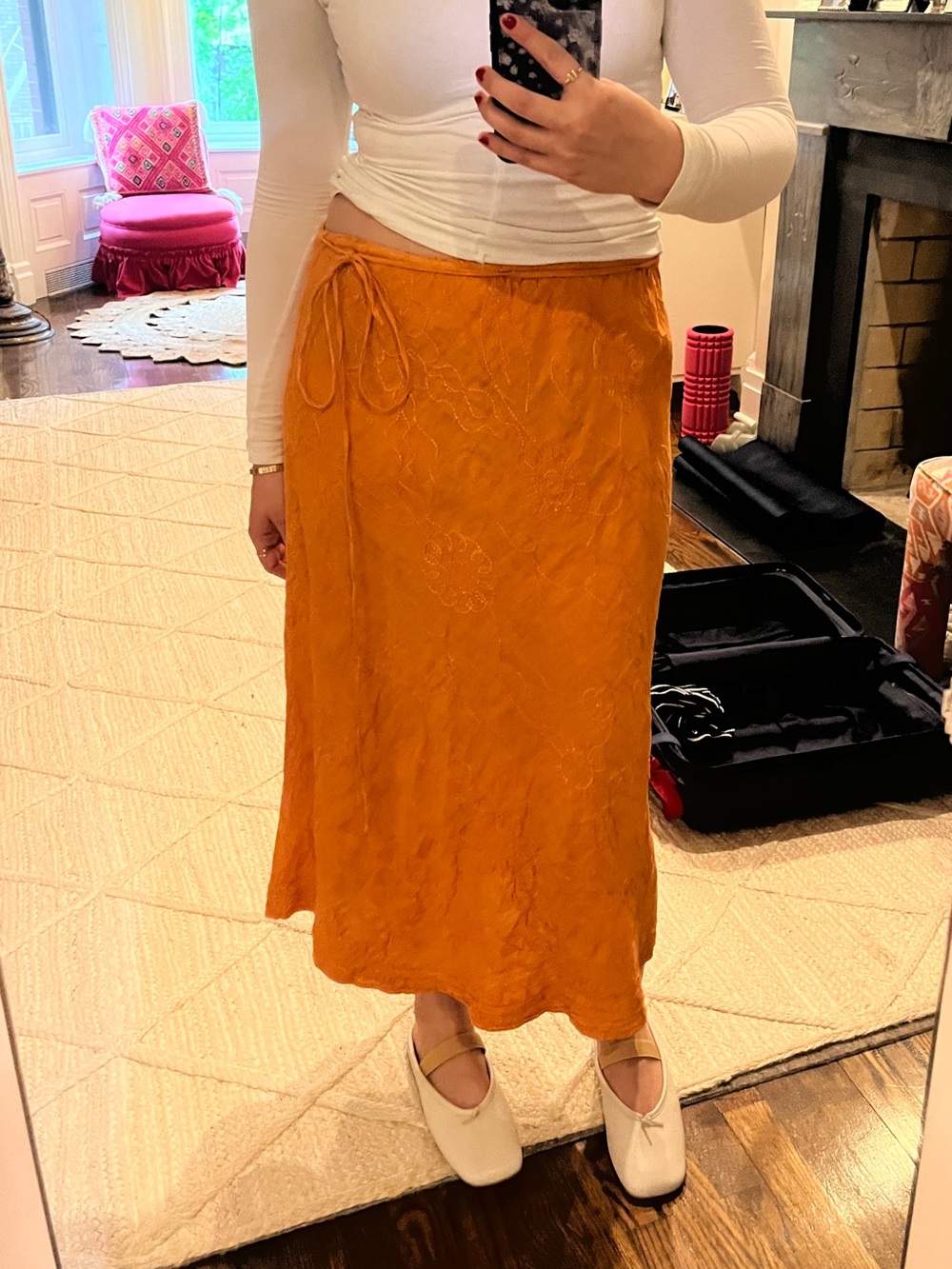 Vintage Orange Tie-Waist Midi Skirt